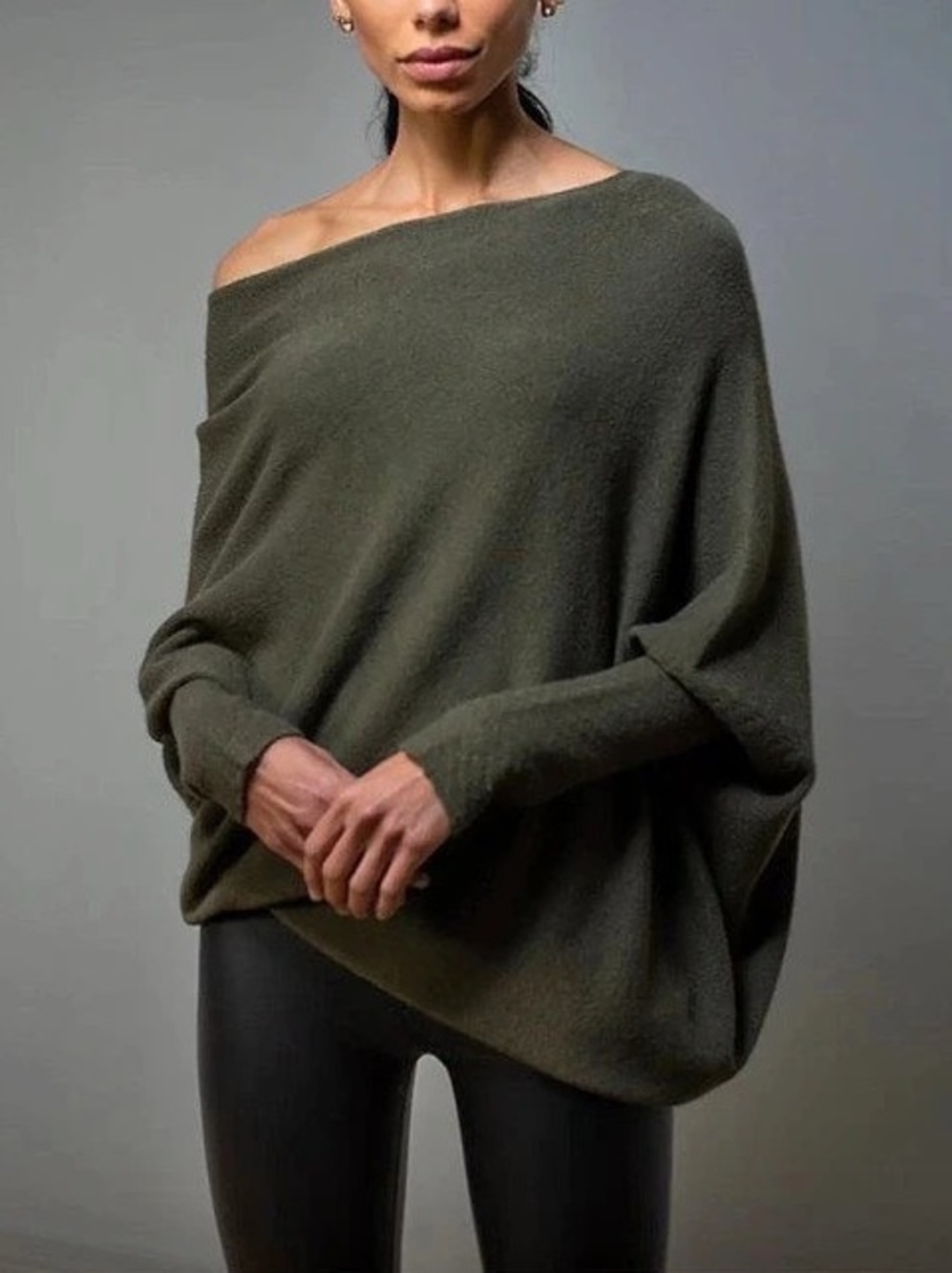 Jaki London Asymmetric Draped Seamless Knit Khaki Sweater olive green